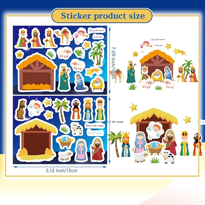 32 sheets christmas nativity stickers, make a nativity scene sticker jesus birth stickers, christmas crafts for kids, religious bible scene party favor christian craft school classroom activity
