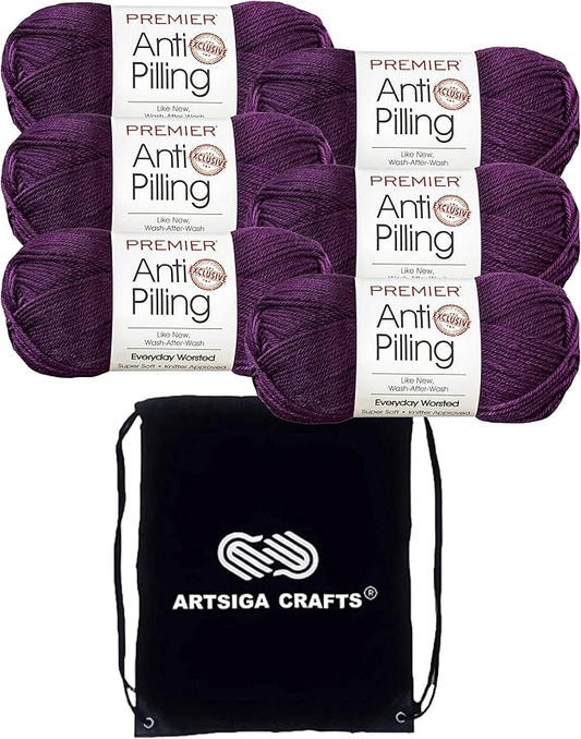 Premier Yarns Everyday Anti-Pilling Solid Aubergine DN100-10 (6-Skeins - Same Dye Lot) #4 Worsted Weight Acrylic Yarn for Crocheting and Knitting with Project Bag