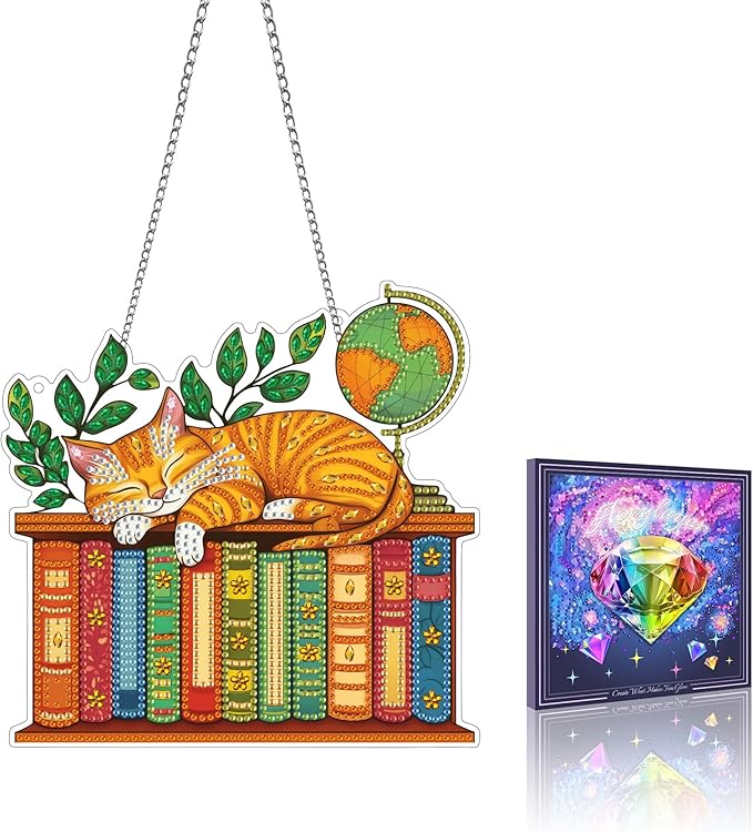 VAIIEYO Cat Diamond Art Hanging Ornament, Animal Diamond Painting Suncatchers Window Hanging Kit with Chain, 7.5x7.5 inch Crystal Pendant Art Craft for Gift Home Wall Front Door Decoration
