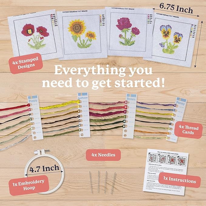 kraftex stamped cross stitch kits for beginners (flower theme - 6.75 inch - 4 pack 1 x embroidery hoop) embroidery needlepoint patterns for adults, includes poppy, rose, sunflower and pansy