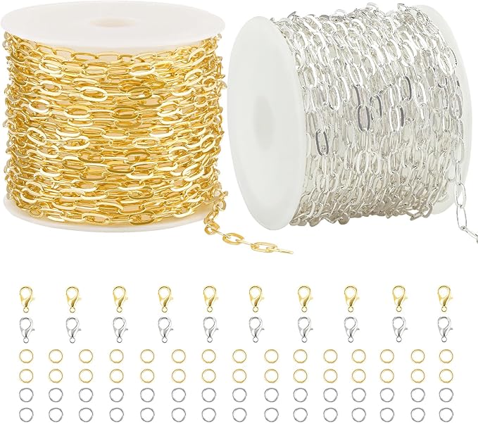 Kyutong 32.8 Feet Gold and Silver Jewelry Making Chains 2 Rolls Paperclip Chain Necklace with Clasps for Women DIY Jewelry Crafts