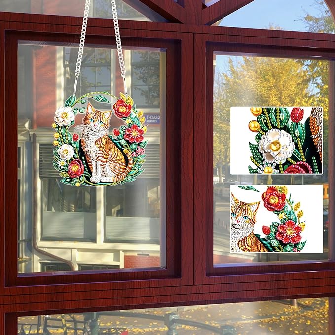 Flower Birdcage Design DIY Diamond Art Painting Wreath Kits Special Shaped Rhinestone Diamond Art Window Pendants Home Garden Wall Hanging Kits (Single Side Point Drill) (#11-Cat) (#16-2PC)