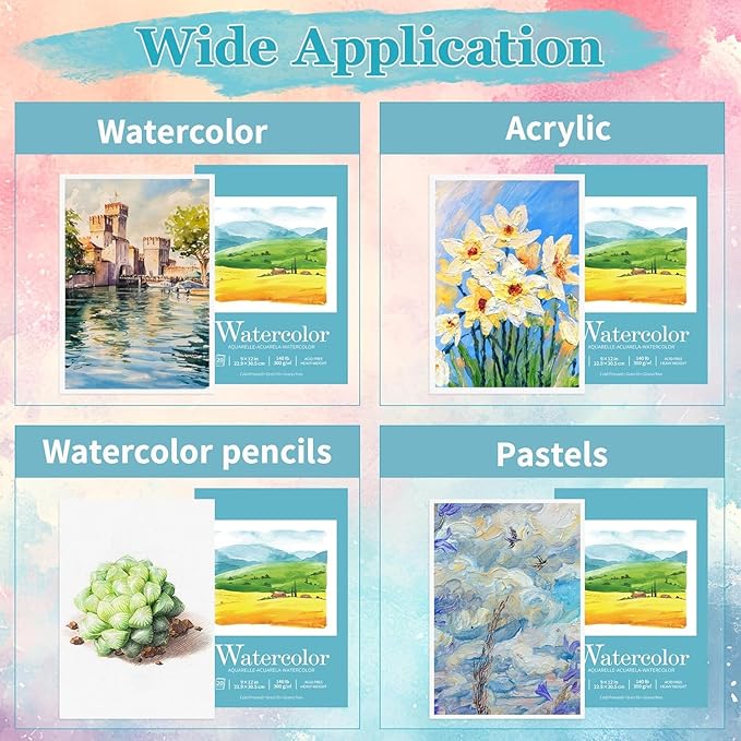 2Pack Watercolor Sketchbook, Watercolor Paper Pad 9" x12” 140lb/300gsm, Water Color Pad Journal and Sketchbook for Adults & Kids, Markers and Art Journaling