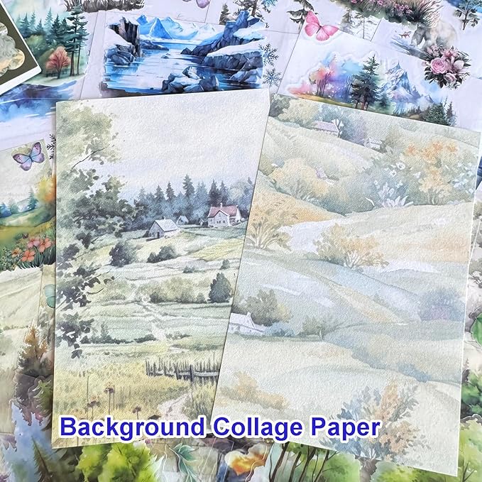64 Sheets Vintage Floral Scrapbooking Kit, Precut Floral Natural Garden Flowers Butterfly Transparent PET and Washi Stickers with Scrap book Paper for Scrapbook Supplies Junk Journals Craft (Mountain)
