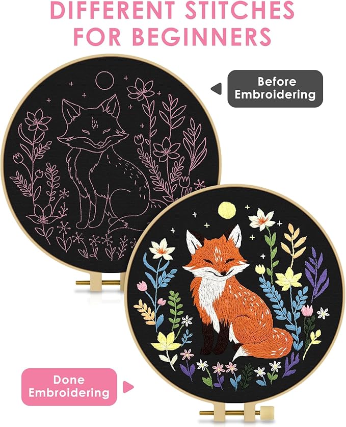 TINDTOP Embroidery Kit for Beginners Adult, Fox Embroidery Kit for Beginners Include Embroidery Cloth Hoops Threads for Craft Lover Hand Stitch with Embroidery Skill Techniques