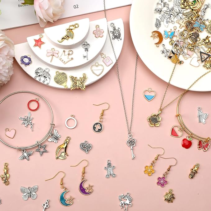 SANNIX 350Pcs Charm for Jewelry Making, Assorted Gold Enamel Charms, Mixed Bulk Antique Gold Tibetan Silver Jewelry Bangle Charm Pendants for Bracelet Necklaces Earrings Making Supplies