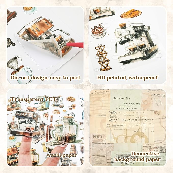 RISYPISY 54 Sheet Scrapbooks Supplies Kit, Precut PET/Washi Stickers, Coffee Sticker for Junk Journal Adult Planner DIY Crafts Decorative Paper for Scrapbooking