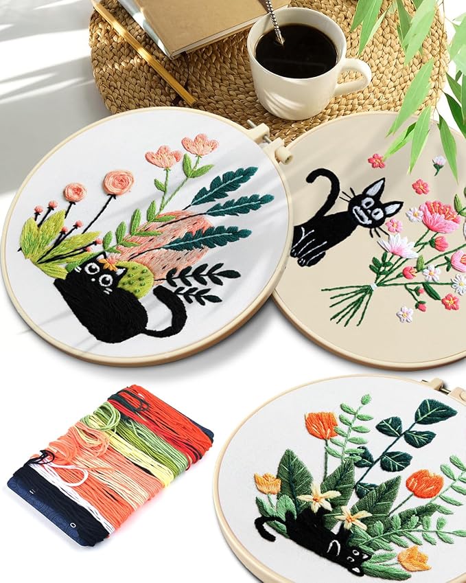 TINDTOP Embroidery Kit for Adults, Embroidery Kit for Beginners Include Embroidery Cloth Hoops Threads for Craft Lover Hand Stitch with Embroidery Skill Techniques (Black Cat)