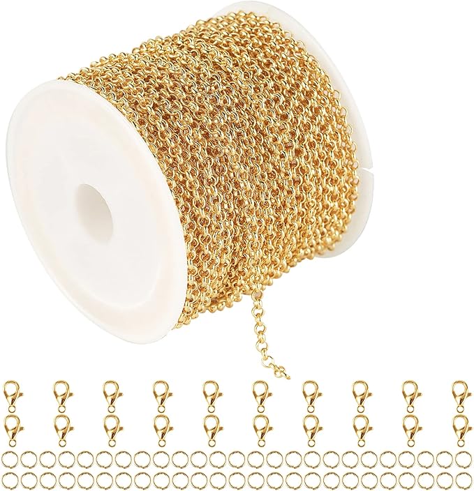 18K Gold Plated Brass Jewelry Making Chain, 10 Meters Circle Rolo Chains Bulk with 50pcs Jump Rings + 20pcs Lobster Clasps Women Necklace DIY Jewelry Supplies Findings