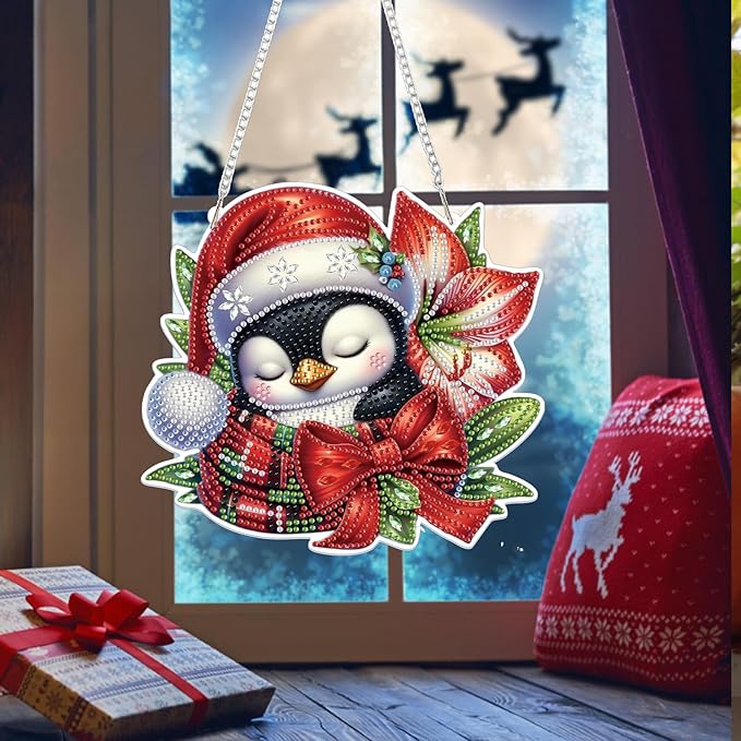 Bowetile Christmas Diamond Art Hanging Kits for Adults, Penguin Diamond Art Suncatchers, 5D Special Shape Diamond Painting Pendant Window Ornament Christmas Gifts for Home Door Wall Decor