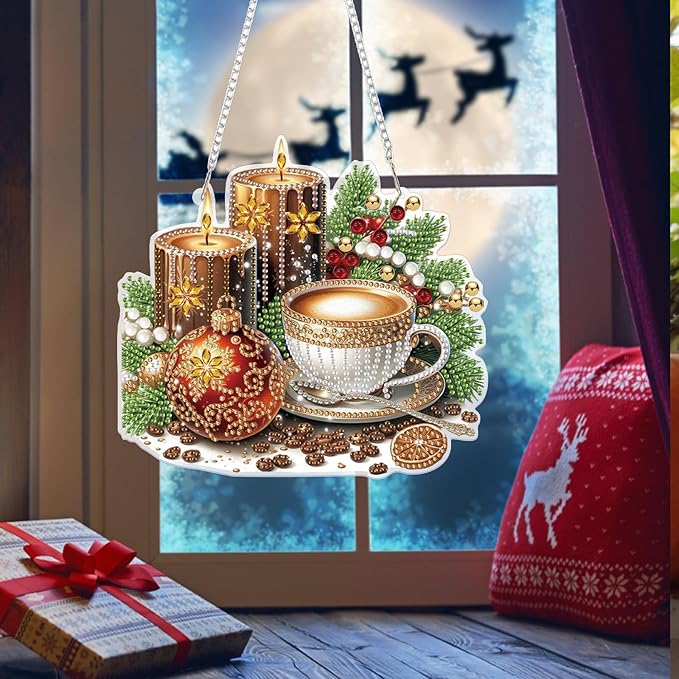 Bowetile Christmas Diamond Art Hanging Kits for Adults, Candle Diamond Art Suncatchers, 5D Special Shape Diamond Painting Coffee Pendant Window Ornament Christmas Gifts for Home Door Wall Decor