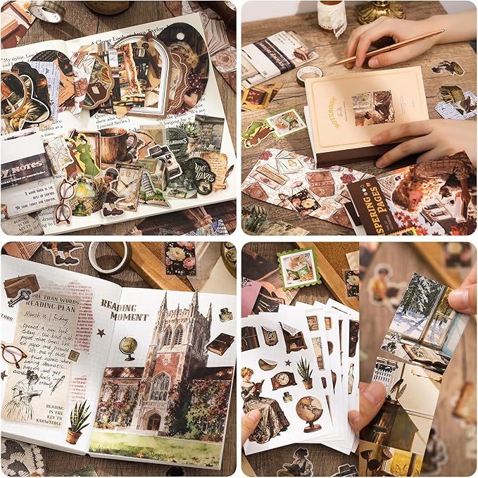 Scrapbook Supplies Kit, Cottagecore Aesthetic Junk Journal Kit, Scrapbooking Kit with Bullet Journaling Stickers, Stationary Set, Vintage Ephemera Collage Craft Supplies Gift for Adults Women Beginner