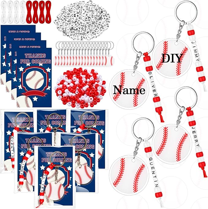 Suncalla 984 Pcs 24 Set Baseball Keychain Making Kit DIY Ball Bag Tag Baseball Party Favors Accessories Sport Key Chain Crafts Adjustable Name Beads Cards Strings Kit Senior Team Night Graduation Gift