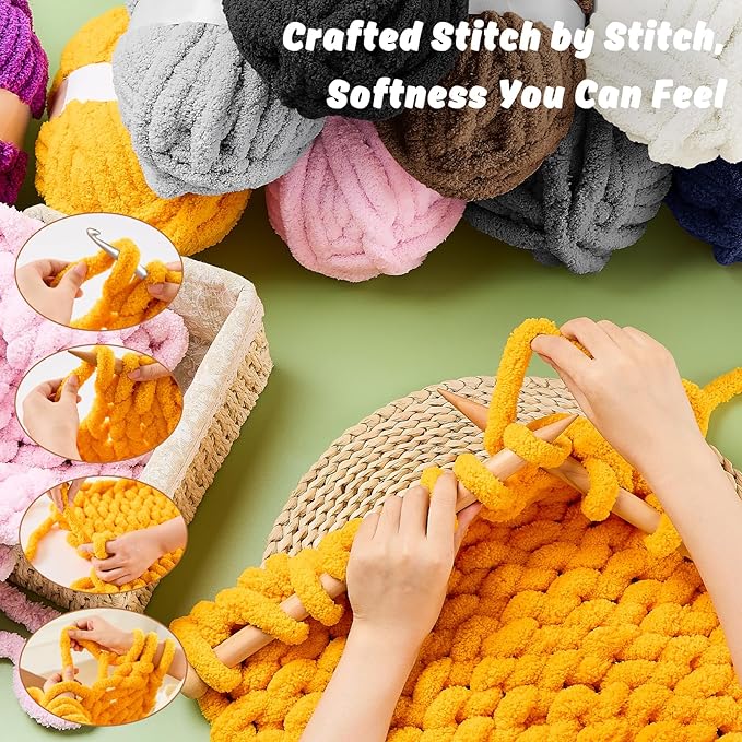 Inhand 8 Pack Chunky Chenille Yarn for Crocheting–30.6 Yards, 7.7oz, Soft Fluffy Thick Yarn,Fall Decor Gifts for Women/Grandma Birthday Unique,Hand Knitting for Blankets&DIY Crafts (Gold)