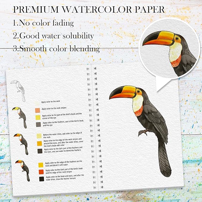 3Pcs Watercolor Workbook Paint Book Beginner Friendly Painting Kit, 36 Pages Workbooks with 24 Paint Colors & Brush for Beginners, Stress-Relieving Gift for Women Adults (Seaside&Bird&Garden)