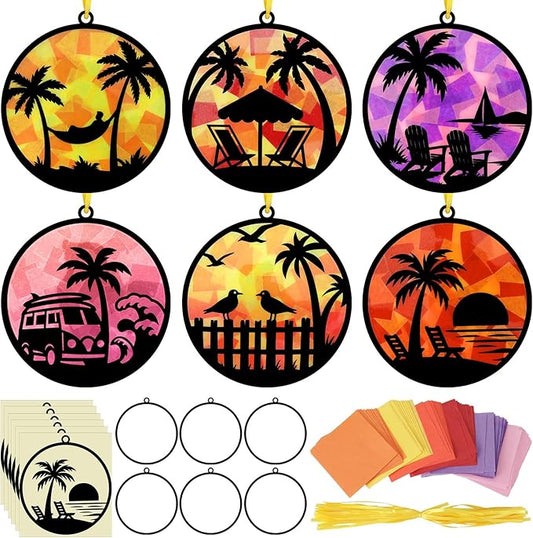 30 Pcs Tropical Palm Tree Craft Set Summer Beach Hawaiian Coconut Tree Suncatchers DIY Stained Glass Effect Tissue Paper Kits Gift Bulk for Luau Activities Art Party Decor