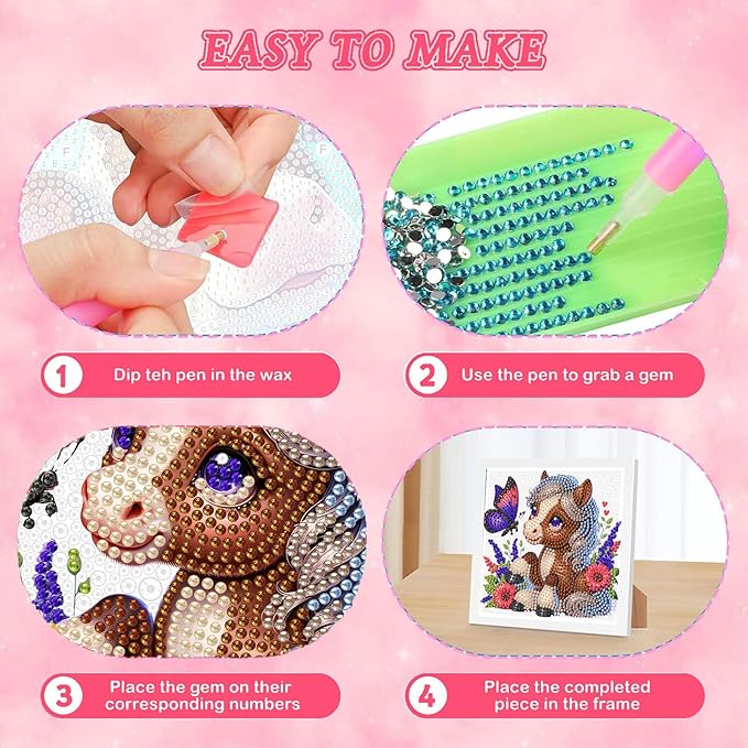 Horse Diamond Art Painting Kits for Kids with Frame, Animal Diamond Art for Kids Ages 4-8-12 with Frame, Easy Small Cute Gem Painting Kit for Gift Home Wall Decoration (7x7 inch)