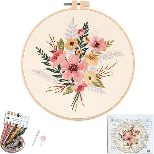 Silentsea Embroidery Kit, Floral and Nature Designs, 3-Pack with Hoops, Needlework Pattern Set (Flower)
