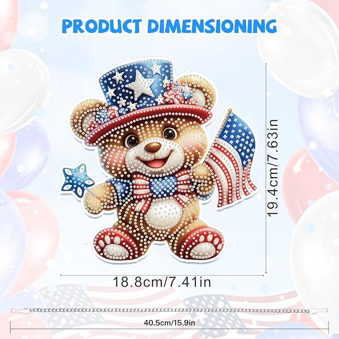Bowetile Independence Day Bear 5D Diamond Art Hanging Kits for Adults, 4th of July Diamond Painting USA Window Pendant Kits, Special Shape Gem Art Suncatcher Ornament for Home Garden Wall Decor