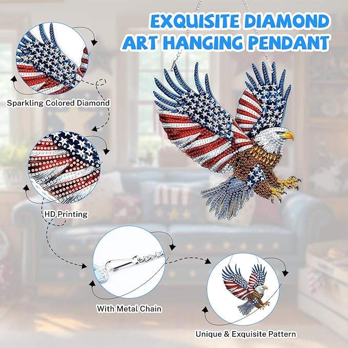 Bowetile Bald Eagle 5D Diamond Art Hanging Kits for Adults, American Flag Diamond Painting Window Pendant Kits, Special Shape Patriotism Gem Art Suncatchers Ornament for Home Garden Wall Decor