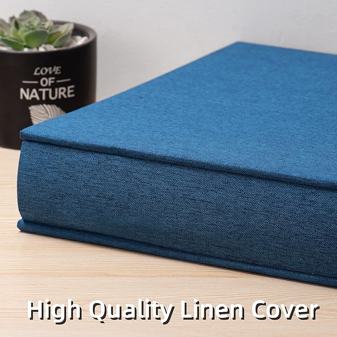 Large Photo Album Self Adhesive 4x6 5x7 3x5 8x10 Scrapbook Magnetic Album DIY Scrap Book Length 13 x Width 12.8 (Inches) 120 Black Sticky Pages Linen Cover DIY Photo Album(Blue)
