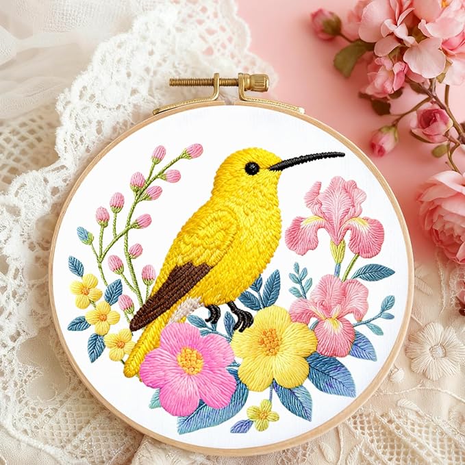 BEUNITONE Hummingbird Embroidery Kit for Adults, 6PC Floral Bird Cross Stitch Set with Colorful Threads, Nature Inspired DIY Artwork, Home Decor Gift for Her