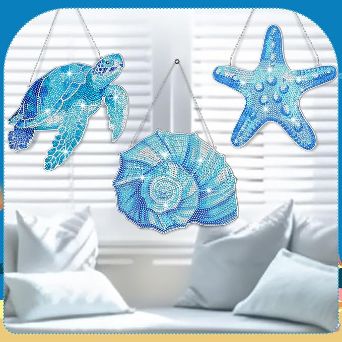 Yuefunny 3 Pcs Ocean Diamond Painting Hanging Kits, 5d DIY Coastal Diamond Art Turtle Starfish Door Sign, Summer Beach Hanging Decor for Home Garden Wall Window Under The Sea Party Favors