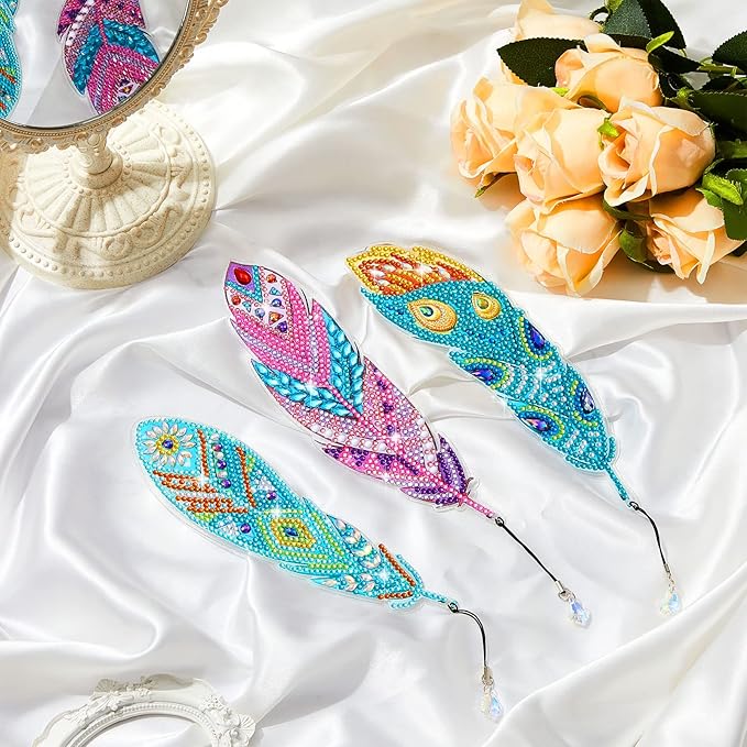 Henoyso 6 Pcs Diamond Painting Bookmarks Kits DIY 5d Feather Bookmark Rhinestone DIY Bookmarks Crystal Diamond Art Acrylic for Crafts Gifts Adult Arts Supply
