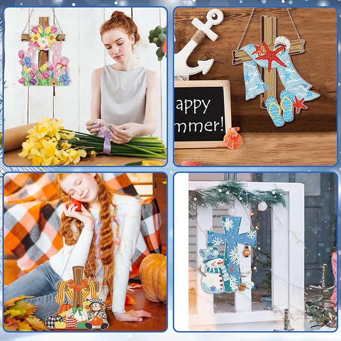 Cinnvoice 12 Pcs Seasonal Diamond Art Wreath Kits Holiday 5d DIY Diamond Art Hanging Signs Winter Spring Ornaments for Wall Door Decoration(Cross)