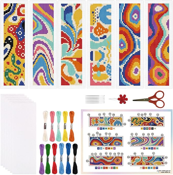 ORIGACH 6 Pcs Cross Stitch Bookmark Kit for Beginner Adults, Modern Abstract Stamped Embroidery Bookmark Kit with Instruction for Starters Printed Cross Stitch DIY Kits for Book Lovers