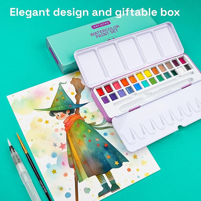 ARTISTRO 24 Color Watercolor Paint Set - Portable Paint Art Kit with Palette and Brush Pens - Travel Water Color Set for Adults, Professionals, Kids - Art and Painting Supplies - Gift Idea