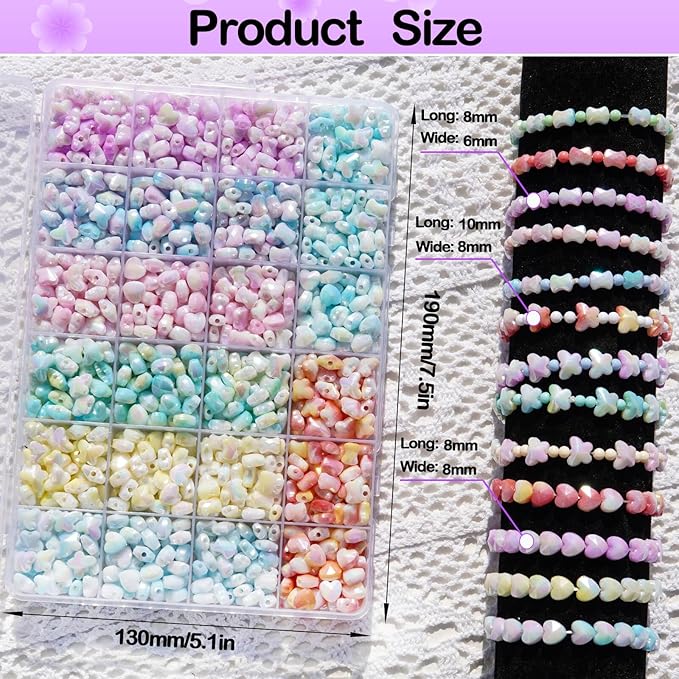 1280Pcs Acrylic Beads for Jewelry Making - Assorted Butterfly Heart Beads & Gradient Pastel Beading Kit Aesthetic Charms for DIY Bracelet Making, Kandi Charms, Friendship Bracelets & Craft