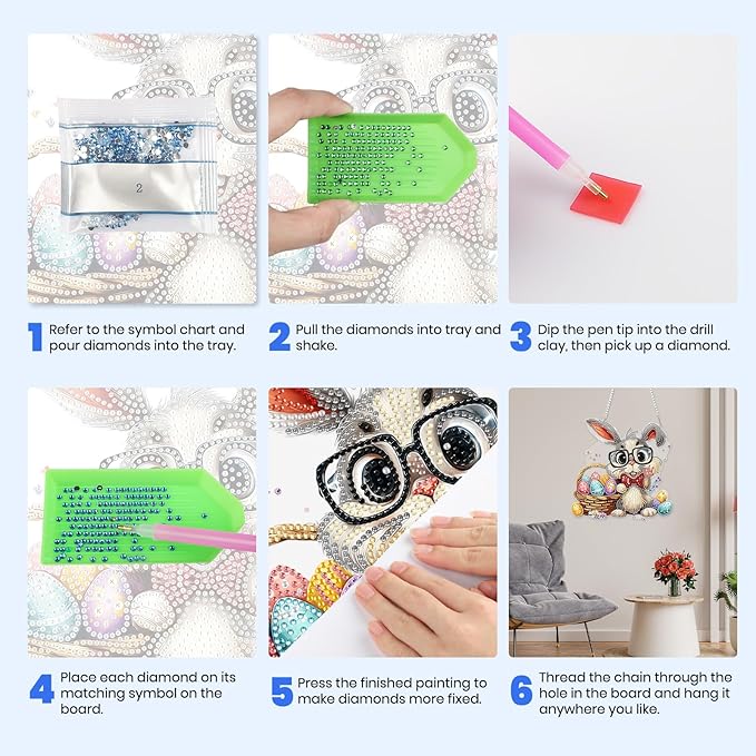 MXJSUA Happy Easter Bunny Diamond Art Hanging Kits for Adults Beginners, Crystal Diamond Suncatchers, Special Shape Diamond Painting Pendant Window Ornament Gifts for Home Garden Door Wall Decor