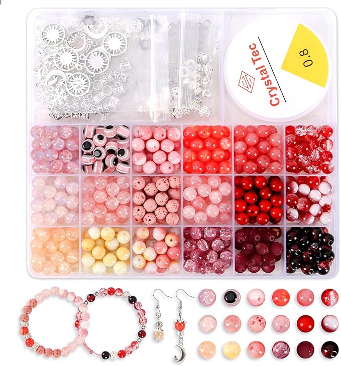 Tunmiok Glass Beads for Jewelry Making Kit with Metal Charms & Crystal String - Includes Spacers, Flower Holders - Bracelet kit, Necklace, Earring Set Supplies for Adults (Pink)