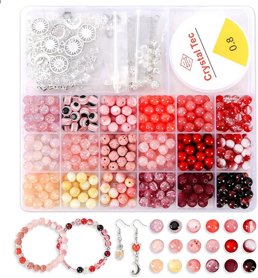 Tunmiok Glass Beads for Jewelry Making Kit with Metal Charms & Crystal String - Includes Spacers, Flower Holders - Bracelet kit, Necklace, Earring Set Supplies for Adults (Pink)