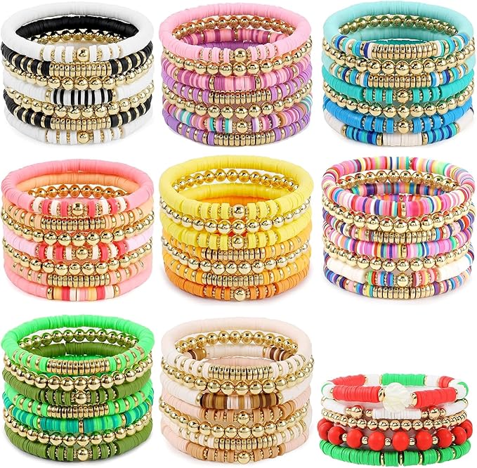 JMUQ 14 Strands Yellow Clay Beads Bracelet Making Kit, 5500 Flat Polymer Clay Heishi Beads for Friendship Bracelets Jewelry Making Kit with Letter Pearl Gold Spacer Beads for Women
