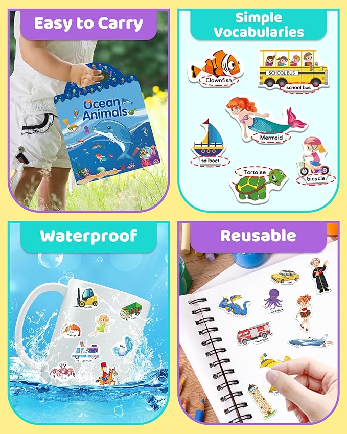 benresive reusable sticker books for kids, sticker books for toddlers, toddler travel toys activities crafts ages 3 and up birthday gifts - ocean animals, fairy and vehicle