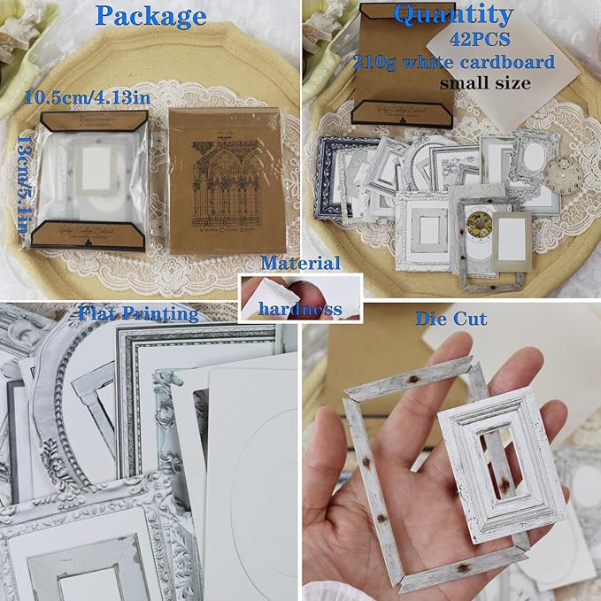 CATaireen Vintage Junk Journal Items Kit Pre Cut Paper Cards Cutout Cardstock Art Aesthetic Decor Hollow Out Craft Elements Small Embellishments Supplies for Adults Scrapbook Pack (Photo Frame White)