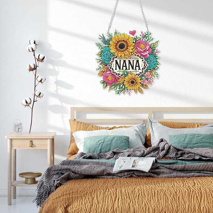 HEIBAGO Mother's Day Diamond Art Hanging Kits for Adults, Diamond Art Suncatchers Nana, 5D Special Shape Diamond Painting Pendant, DIY Window Ornament Gifts for Home Garden Door Wall Decor 8.3x8.3 in