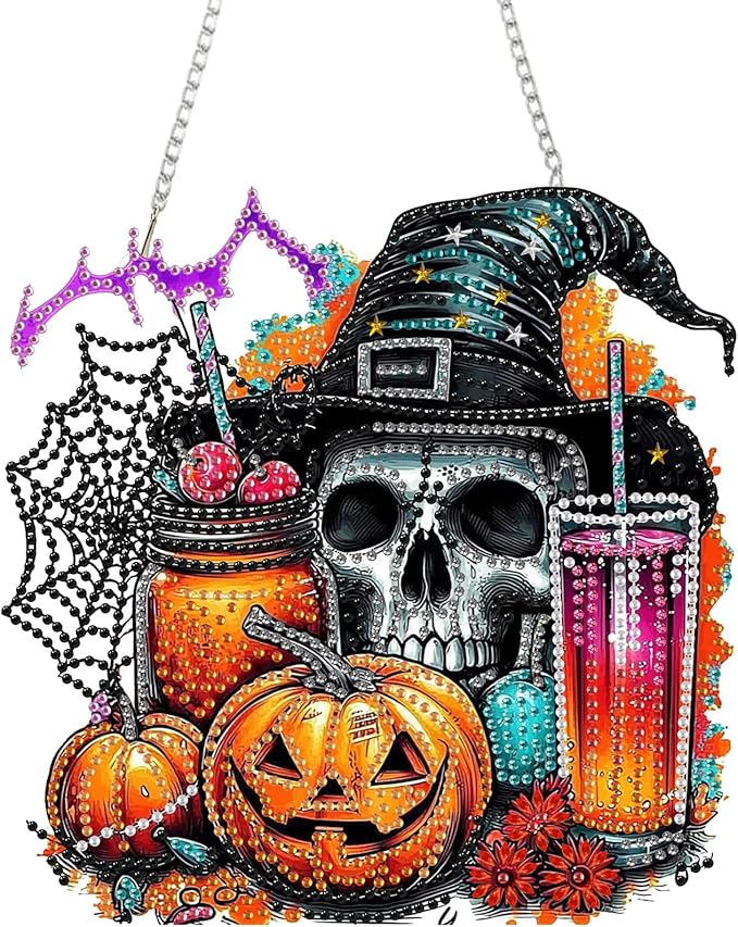 RICUVED Diamond Art Hanging Kit for Adult, Skull Special Shaped Crystal Gem Craft Halloween Diamond Painting Pendant Kit for Beginners, DIY Pumpkin Hanging Diamond Art Ornament Kit for Home Garden