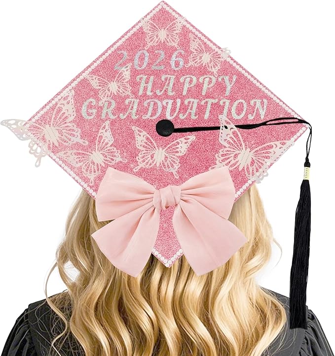 DIY Graduation Cap Decorations, 21 Pcs Pink DIY Graduation Cap Topper Kit with Glitter Paper, 3D Butterfly, Rhinestones Pearls Alphabet Stickers, Ribbon and Bow for 2026 Graduate Decor Gifts