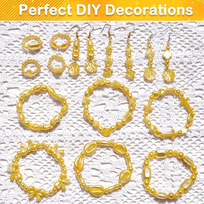 1170 Pcs ABS Imitation Pearl Beads for Jewelry Making, Assorted Heart Star Bowknot Circle Flower Aesthetic Cute Bead for Bracelet Necklaces Earrings Key Chains DIY Phone Charm Crafts (Yellow)
