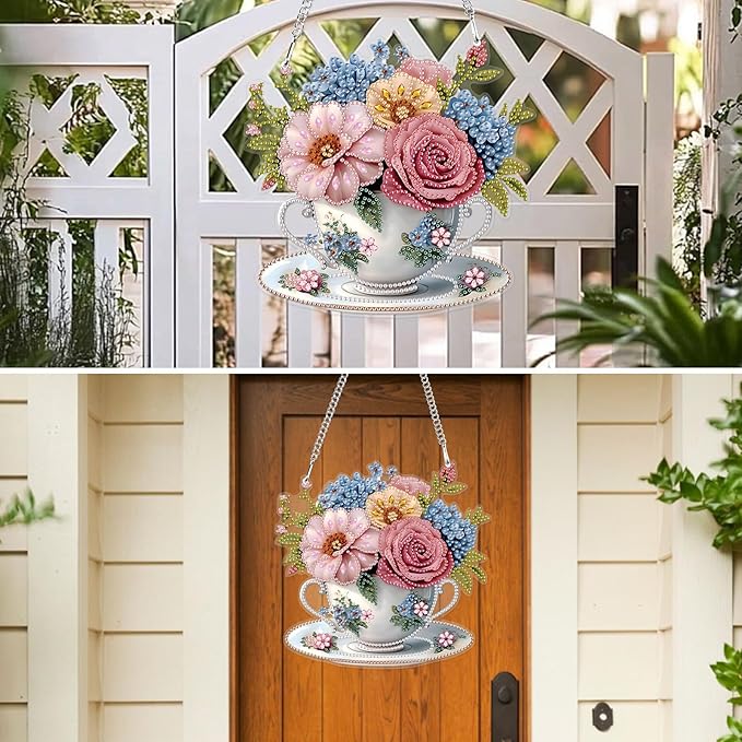MXJSUA Teacup Floral Special Shaped Hanging Diamond Painting Art Kits for Adults, Crystal Rhinestone Acrylic Gem Art Pendant Ornaments Kit for Home Decoration and Gift