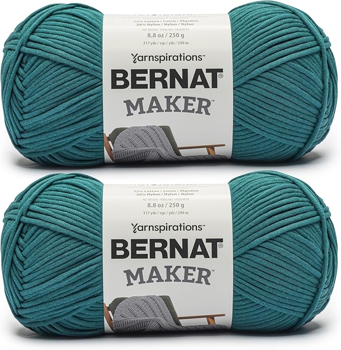 Bernat Maker Teal Yarn - 2 Pack of 250g/8.8oz - 72% Cotton 28% Nylon - #5 Bulky - 290m/317Yards - for Knitting, Crochet and Amigurumi