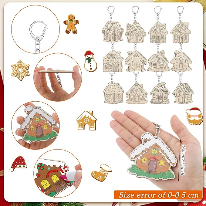 Trnayi 36 Pcs Gingerbread House Unfinished Wooden Keychains Color Your Own Unfinished Gingerbread House Wooden Crafts Blank Wood Painting DIY Crafts for Christmas Home Activities Arts Party Decor