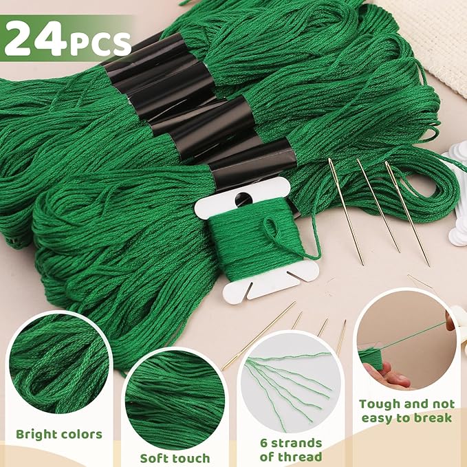 24 Skeins Green Embroidery Floss, Embroidery Thread, Friendship Bracelet String with Floss Bobbins, Cross Stitch for DIY Making, Embroidery Crafts