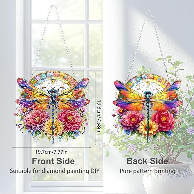 TOSTOG Diamond Art Hanging Kits for Adults, 5D Flowers Diamond Painting for Adults Window Pendant, Special Shape Diamonds DIY Dragonfly Diamond Painting Hanging Pendant Kit for Wall Decor Gift