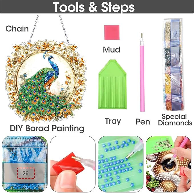 SKRYUIE Peacock Hanging Diamond Art Kits for Adults Pendant Suncatcher, Special Shaped Crystal DIY Pearl Diamond Painting Kit, Gift for Mother Spring Summer Window Wreath Decor 7.88 x 7.68 Inch D7