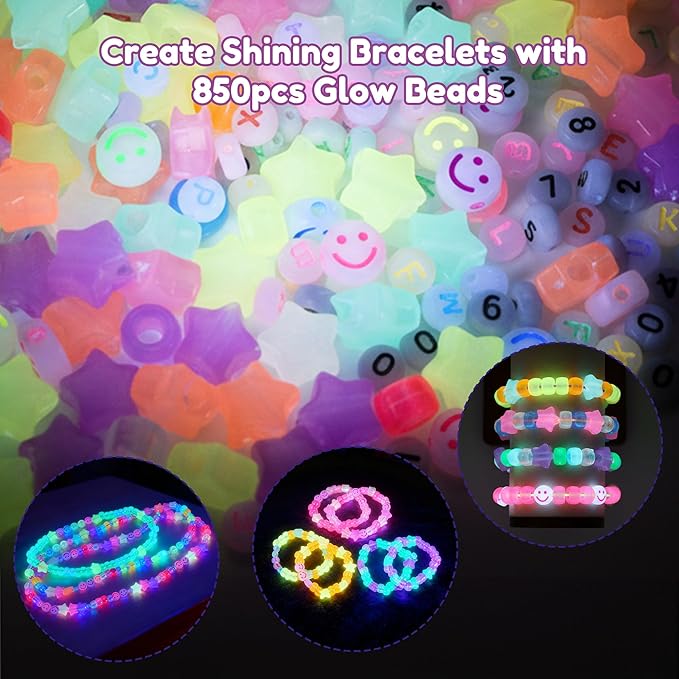 Tilhumt Glow in The Dark Beads for Bracelet Making Kit with Cute Bag for Adults, 9mm Rave Pony Beads Kit, Letters&Number&Star Neon Bead, Ideal Gift for Adult Craft Lovers