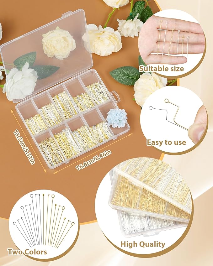 FIVEIZERO 900 PCS Eye Pins and Flat Head Pins for Jewelry Making, Metal Eyepins, Headpins & Ball Head Pins for DIY Earrings, Necklaces, Bracelets, Pendants, 1.2", 1.6", 2", Gold & Silver